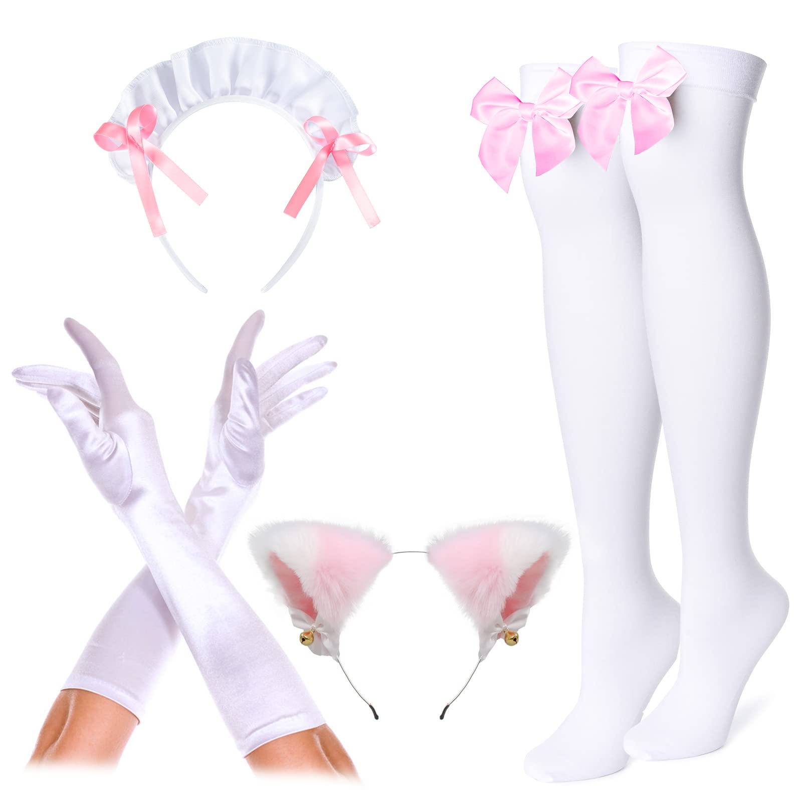 Anime French Cat Maid Apron Fancy Dress Cosplay Costume Headwear Gloves Socks Set(Pink L)