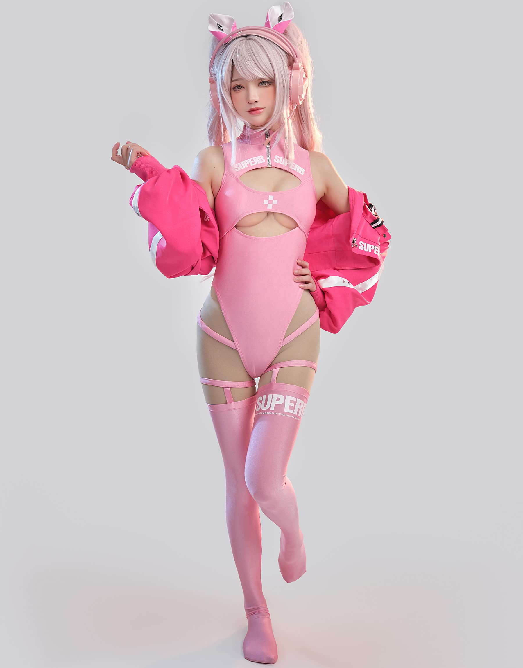haikyuu Women Cosplay Swimsuit with Jacket Anime One Piece Swimsuit Cutout Bathing Suit Tummy Control Swimwear (as1, Alpha, m, Regular, Regular, Standard, Pink)