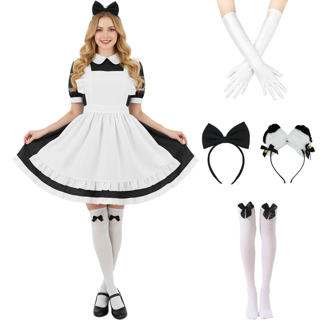 Tvnxdgl Alice Costume Women Wonderland Maid Outfit Anime Lolita Dress Halloween Cosplay Maid Apron Gloves Headband Socks Set 2XL Hover Image