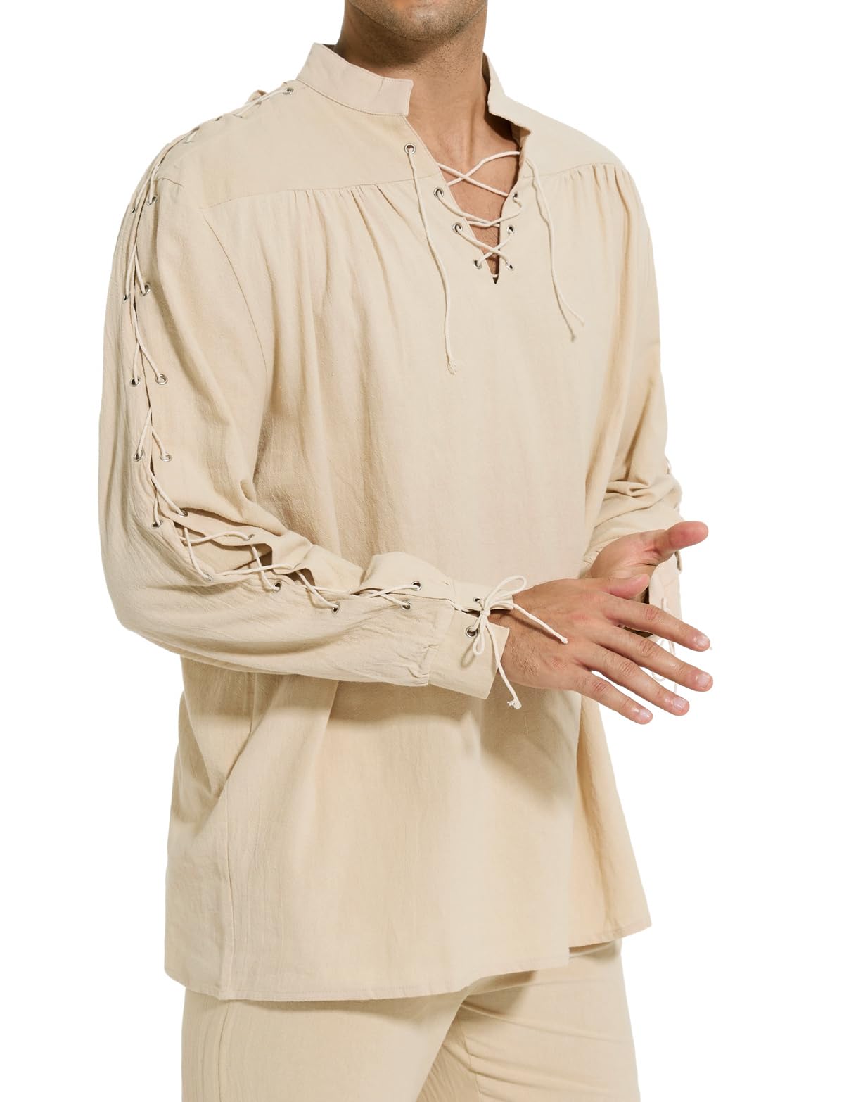 Men's Loose Linen Medieval Gothic Renaissance Shirt Long Sleeve Viking Pirate Mercenary Scottish Costume Beige, Small(Bust 40.0" to 42.5")