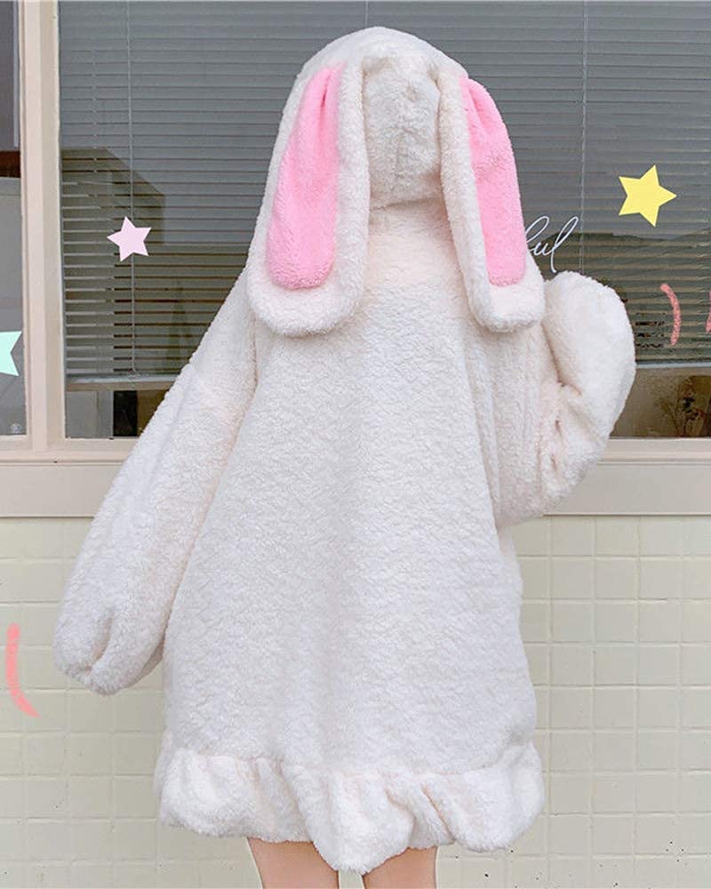 BZB Kawaii Anime Bunny Ear Hoodies For Women Sweet Lovely Fuzzy Fluffy Rabbit Sweater Tops Cosplay Jacket Coats White
