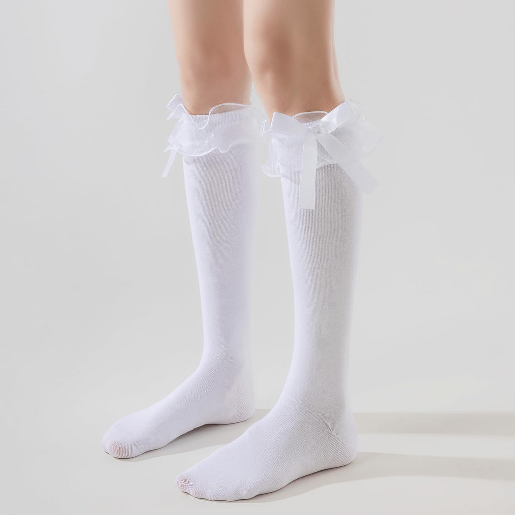 AMHRLINGTO Women's Lace Ruffle Frilly Ankle Socks - Girl Cotton Knee High Socks with Bow Lace Ruffle Trim (Cotton, White-1 Pairs)