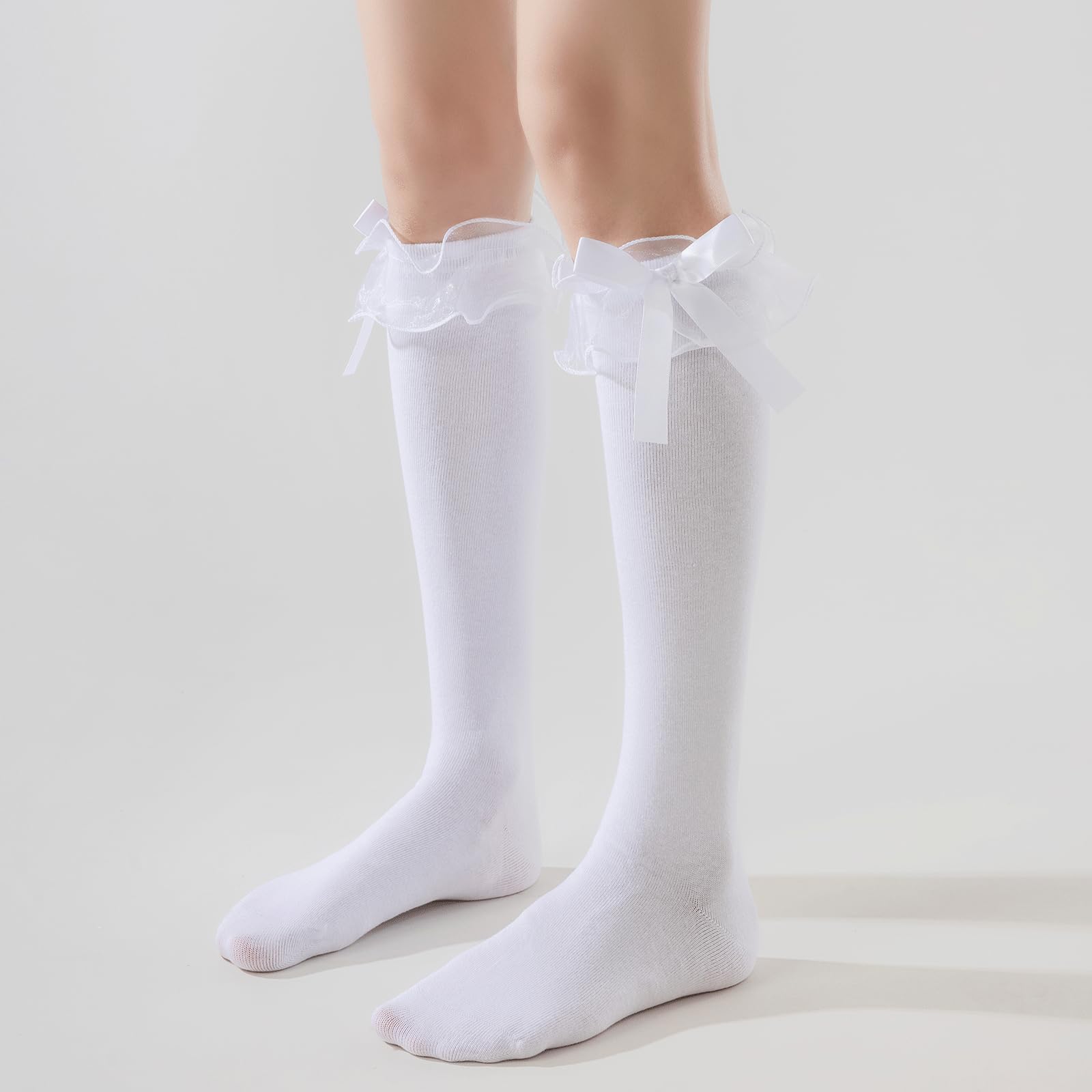 AMHRLINGTO Women's Lace Ruffle Frilly Ankle Socks - Girl Cotton Knee High Socks with Bow Lace Ruffle Trim (Cotton, White-1 Pairs)