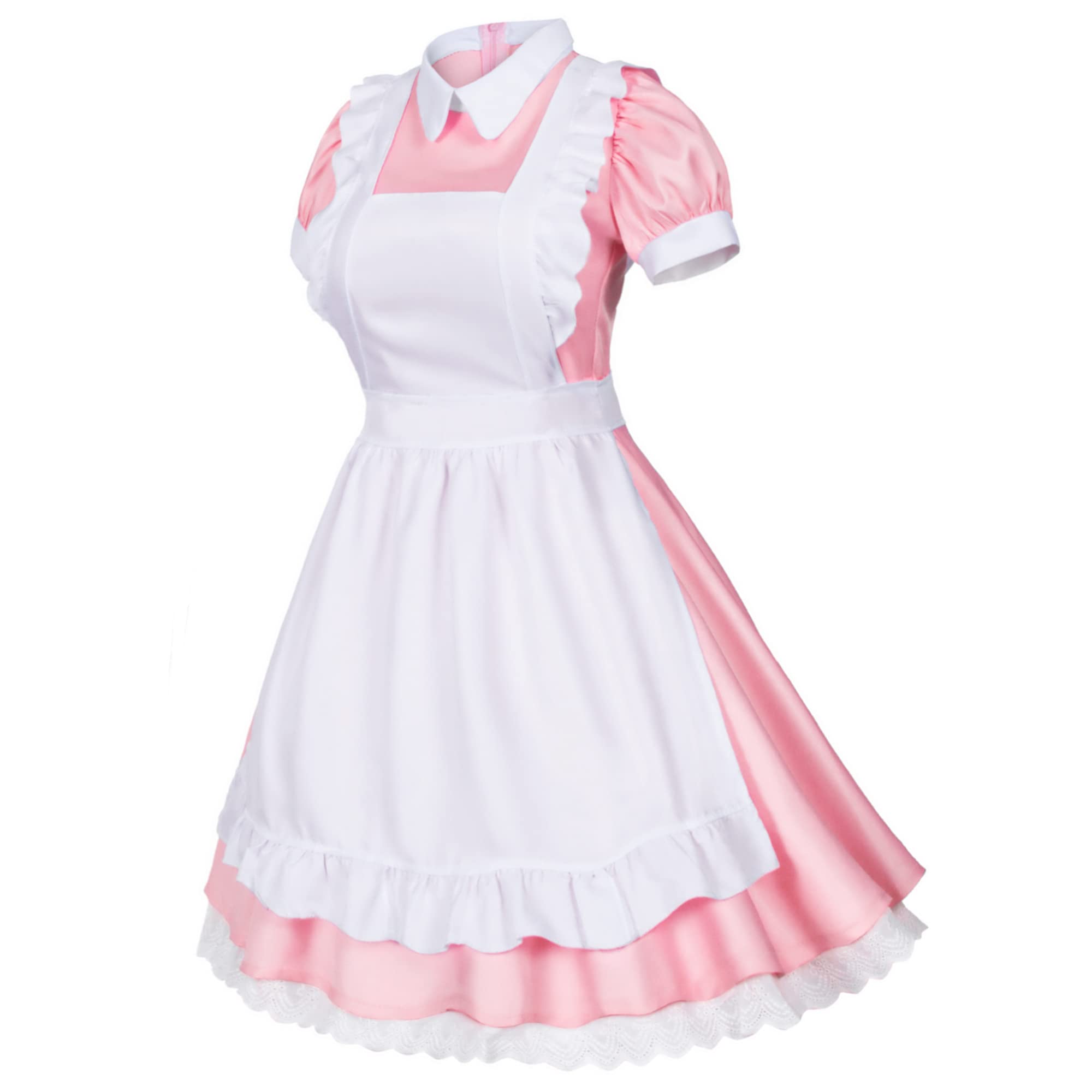 Wannsee Japanese Anime 6Pcs Lolita French Maid Apron Fancy Dress Cosplay Costume Gloves Headwear Socks set(Pink L)