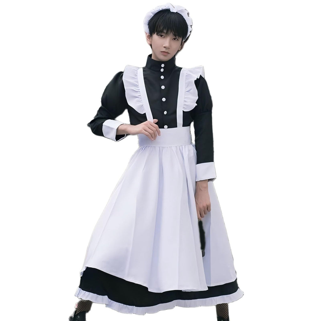 Volrath Womens Japanese Maid Cosplay Costume Fancy Black White Dress Outfit Halloween Apron with Headwear Socks Sets(XXL,BlakcW)