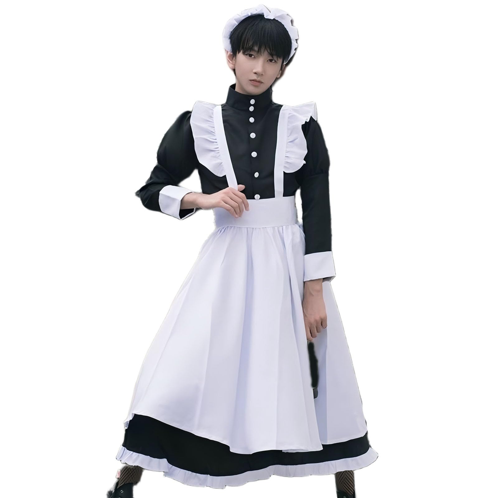 Volrath Womens Japanese Maid Cosplay Costume Fancy Black White Dress Outfit Halloween Apron with Headwear Socks Sets(XXL,BlakcW)