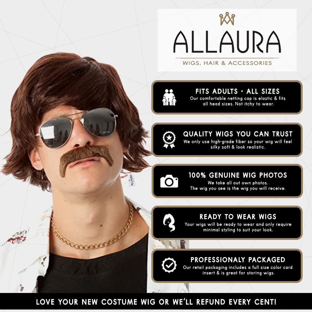 ALLAURA Compatible with Sonny Bono Wig – 60s 70s Men’s Short Brown Wig + Mustache for Hippie, Singer, TV Star, Cop, Detective Costumes – Liberty Duo, Limu & Doug, Uncle Rico, Retro Halloween Outfit