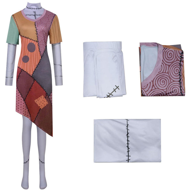 Qcekreu Womens 3 Piece Halloween Sally Cosplay Costume Funny Scar Printed Long Sleeve Dress Adult Christmas Outfit Sets(M,Grey-A) Hover Image