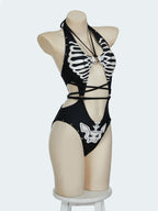 MEOWCOS Women One Piece Swimsuits with Skull Design Cut Out Gothic Swimsuit Bathing Suit Black