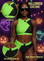 EVELUST Womens Colorblock Shego Costume - Rave Outfit Swimsuits High Neck Crop Top High Waisted Bottom Cosplay Bikini Set(BlackGreen,M,10851e)