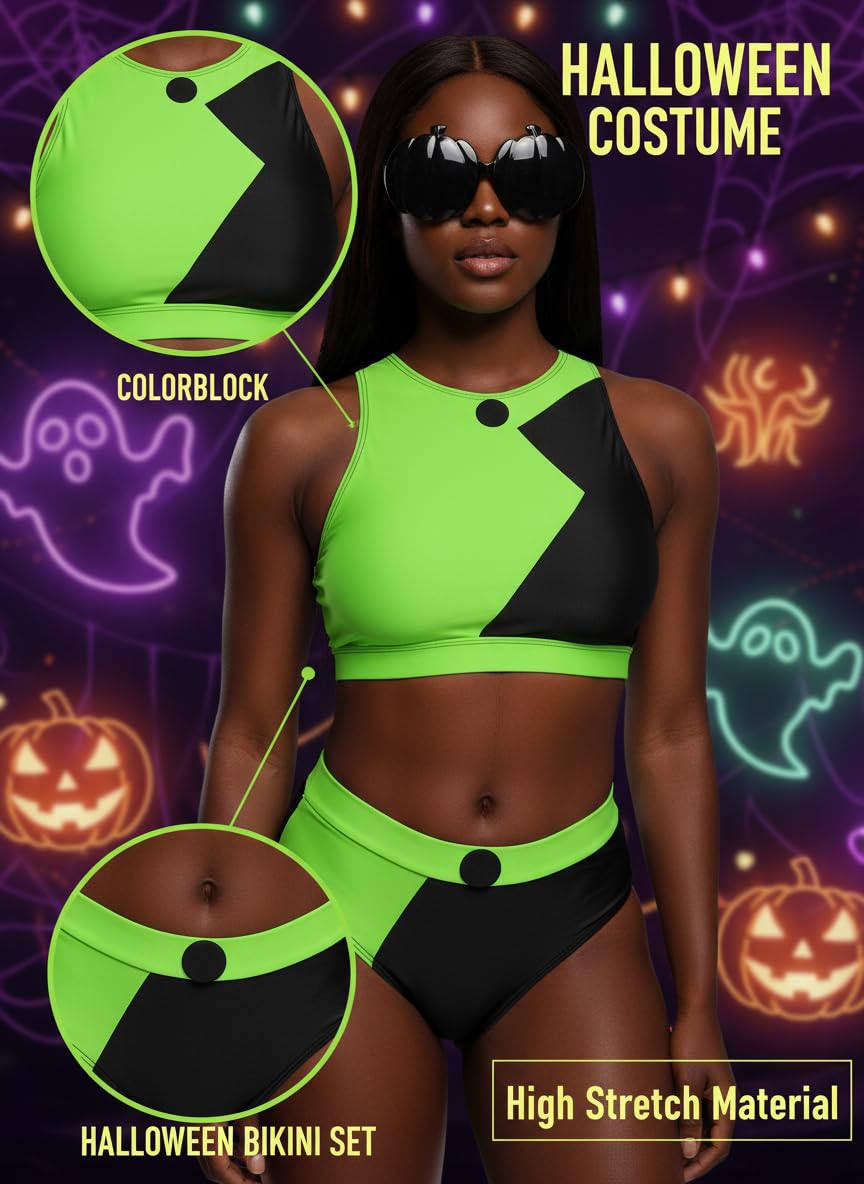 EVELUST Womens Colorblock Shego Costume - Rave Outfit Swimsuits High Neck Crop Top High Waisted Bottom Cosplay Bikini Set(BlackGreen,M,10851e)