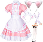 Japanese Anime Sissy Maid Dress Cosplay Sweet Classic Fancy Apron Socks Gloves Faux Fur Cat Furry Headwear Set Pink(S)
