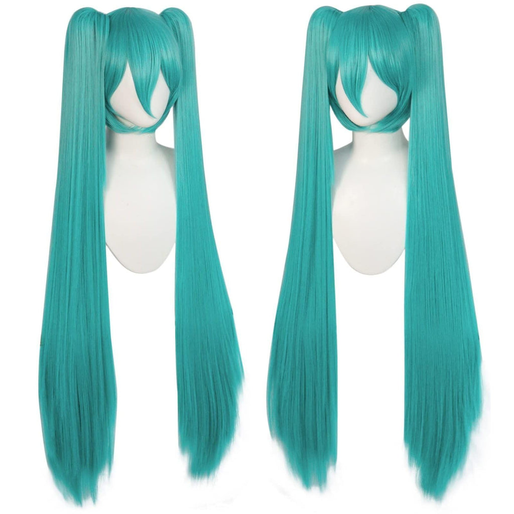 JoneTing 120CM/47inches Green Wigs【+Hair Cap】 Long Greenish Wig with 2 Ponytails for Women Long Straight Green Wigs with Bangs for Cosplay Wig Synthetic Hair for Halloween Christmas Party