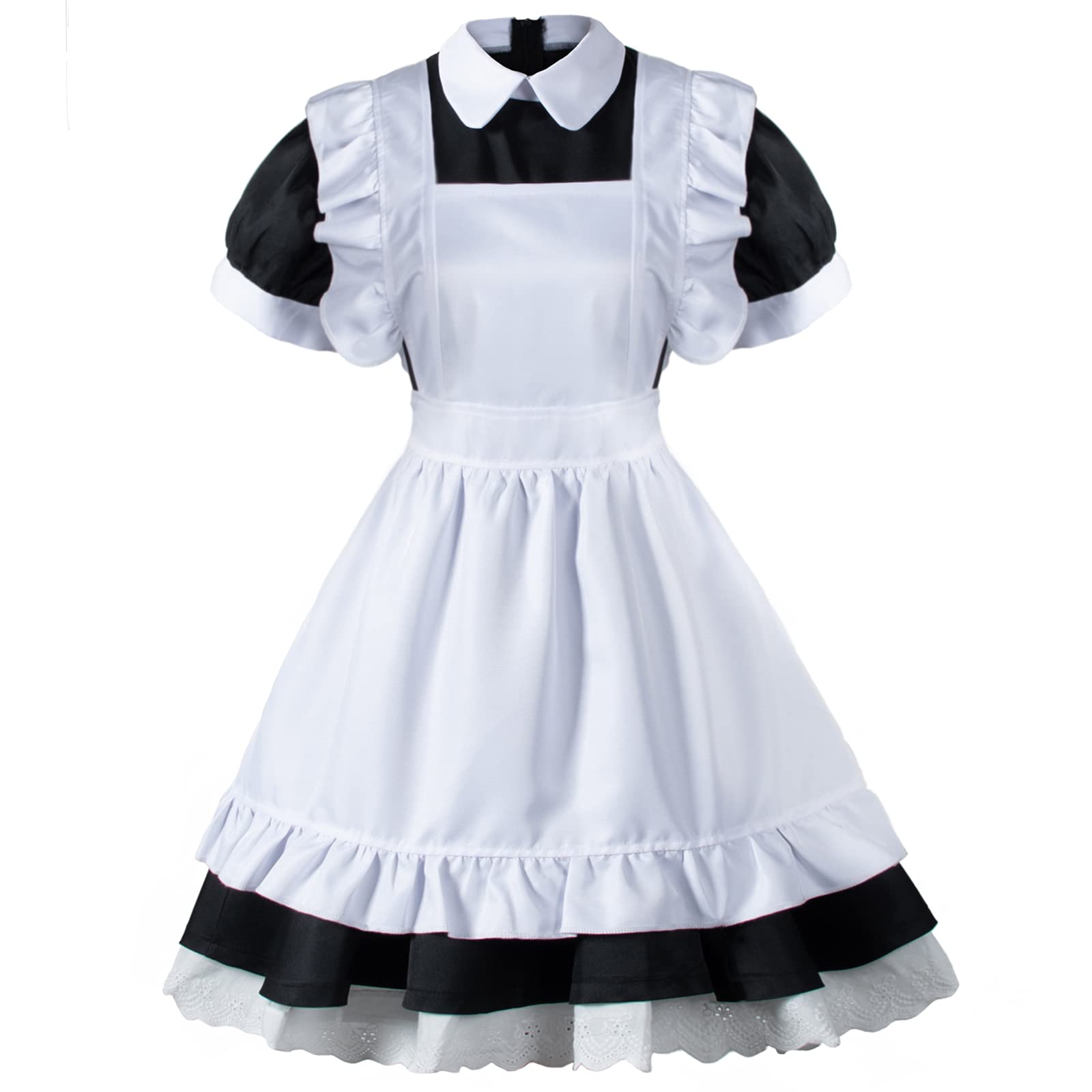 Wannsee Japanese Anime 6Pcs Lolita French Maid Apron Fancy Dress Cosplay Costume Gloves Headwear Socks set(Black L)