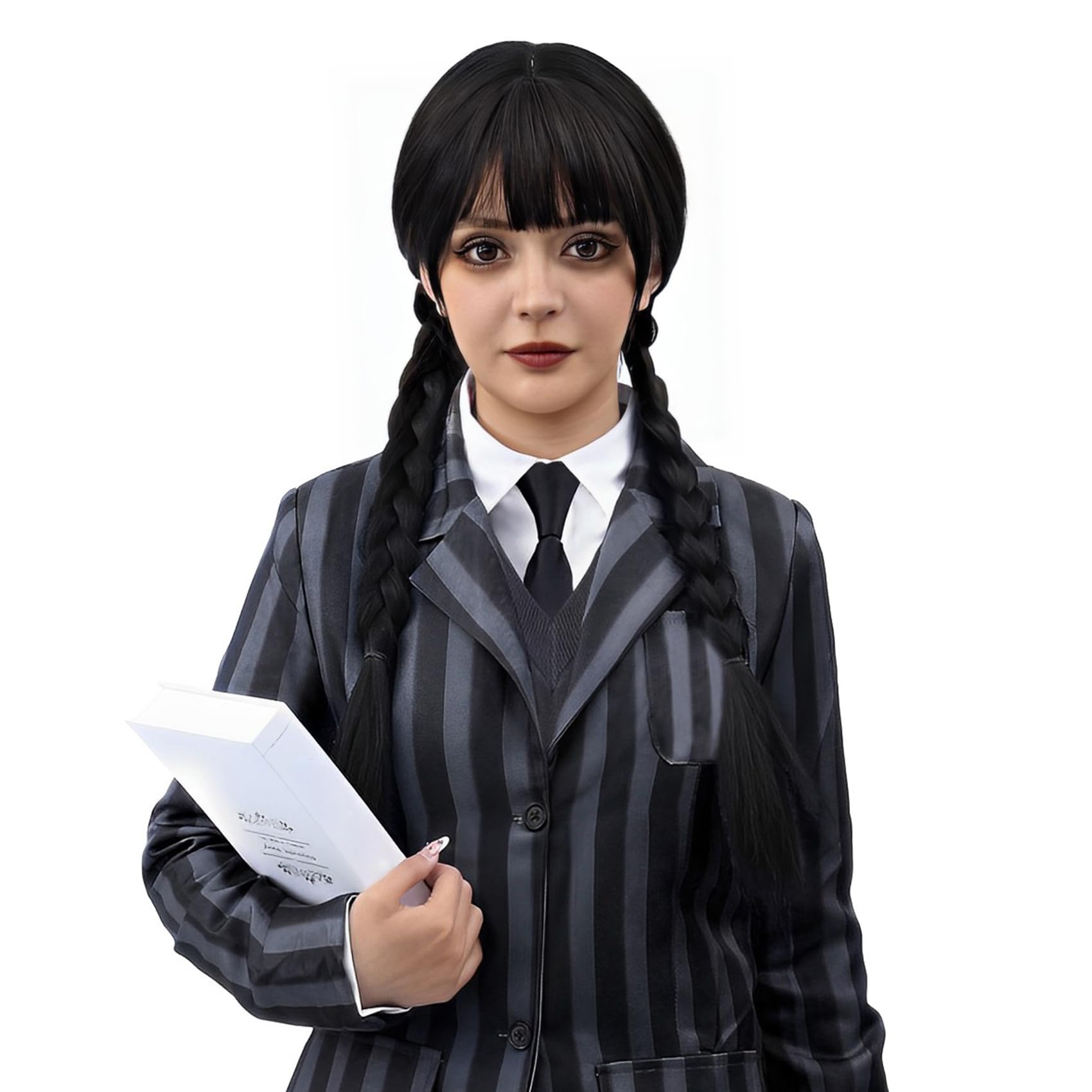 MUPUL Black Braided Wig With Bangs Long Braid Wig Cosplay Halloween Costume Wigs For Women