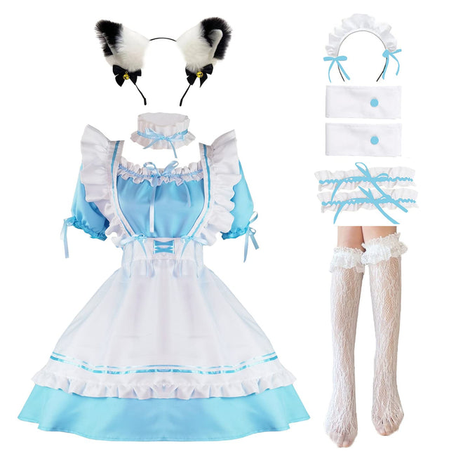 LISANEK Maid Outfit Anime Cosplay Lolita Dress French Maid Costume Plush cat ear Socks set (Blue, XL) Hover Image