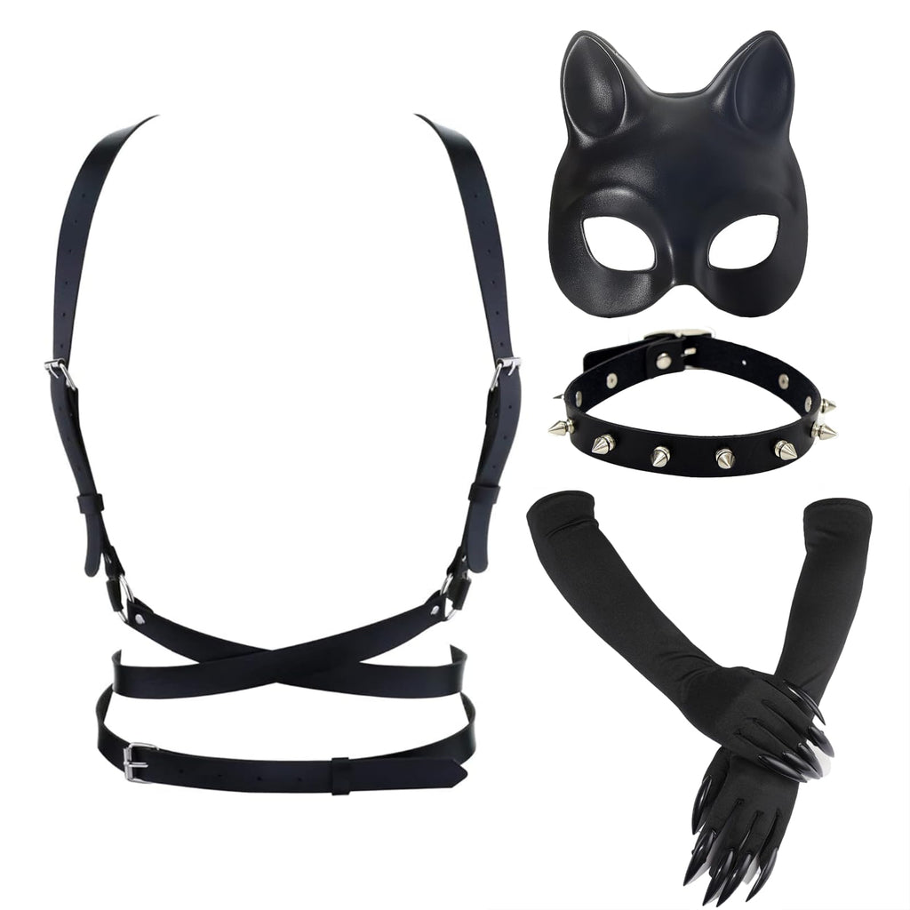 BADALU Cat woman Costume Accessories for Women - Halloween Mask, Gloves, Punk Belt &Necklace Outfit Set gothic clothes for women Masquerade Cat Face Mask for Night Club & Cosplay