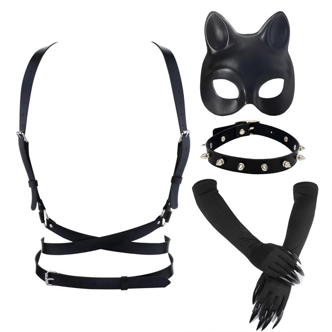 BADALU Cat woman Costume Accessories for Women - Halloween Mask, Gloves, Punk Belt &Necklace Outfit Set gothic clothes for women Masquerade Cat Face Mask for Night Club & Cosplay Hover Image