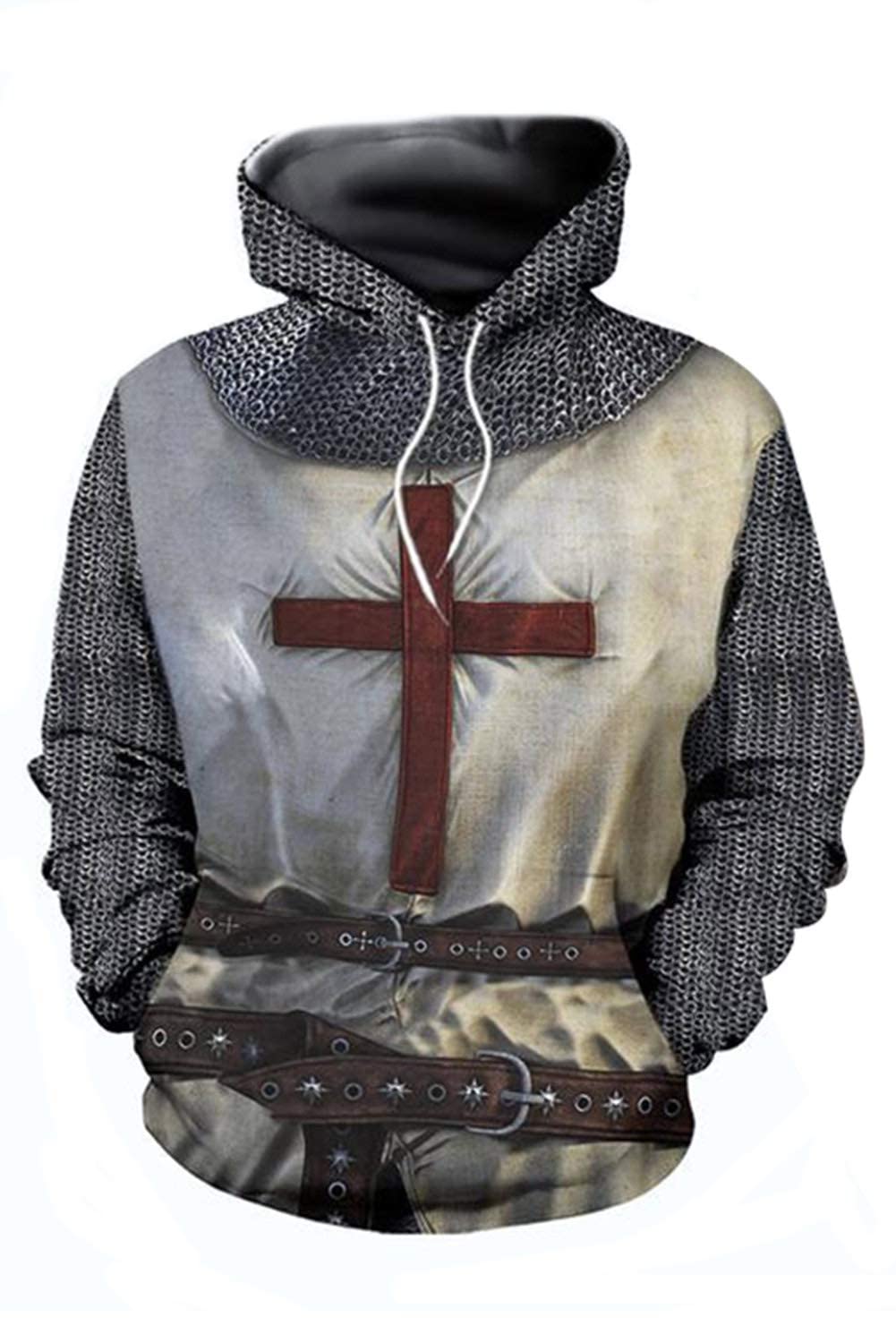 Mgyfady Knights Templar Armor Hoodie Crusader Cross Pullover Jacket Vintage Medieval Knight Sweater Sweatshirt Cosplay Costumes Lightgrey