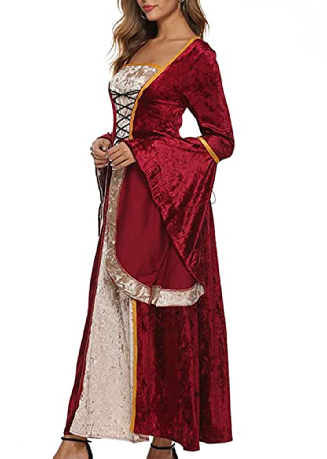 YEAXLUD Womens Renaissance Medieval Costume Dress Lace up Irish Over Long Dresses Cosplay Retro Gown S-5XL (XL, Wine Red)