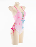 haikyuu Women Anime One Piece Swimsuit Set Swimwear Outfit Kawaii Bathing Suit Sexy Pink Blue (Medium, Pink Polka Dots)
