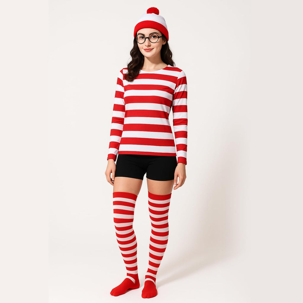 4 Pieces Red and White Striped Shirt and Hat for Women,Adult Halloween Costumes Cosplay Suits with Glasses Outfit Suit Set (Large)