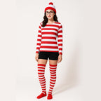 4 Pieces Red and White Striped Shirt and Hat for Women,Adult Halloween Costumes Cosplay Suits with Glasses Outfit Suit Set (Large)