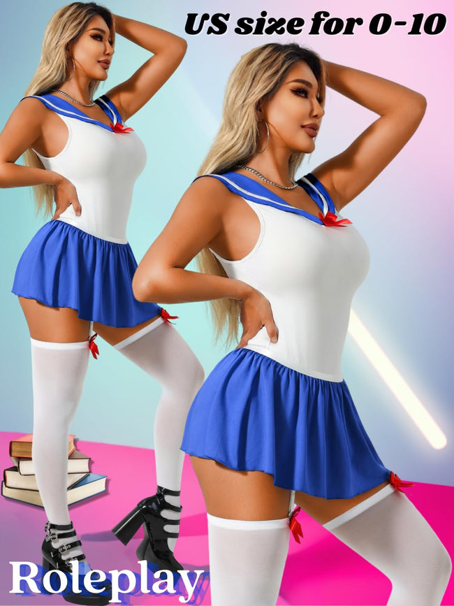 EHSUYAB 3Pcs Women Sailor Costume Halloween, Japanese School Girl Uniform Outfit, Snap Crotch Anime Cosplay Lingerie Set X-Large Main Image