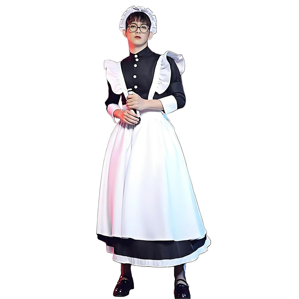 Volrath Womens Japanese Maid Cosplay Costume Fancy Black White Dress Outfit Halloween Apron with Headwear Socks Sets(XXL,BlakcW)