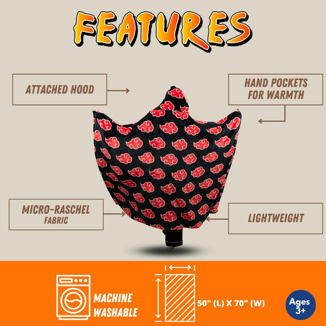 Franco Naruto Anime Akatsuki Cloud Bedding Super Soft and Cozy Wearable Hooded Throw Blanket, 70 in x 50 in (Official Licensed Product) Collectibles