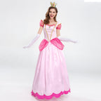 Womne's Princess Peach Costume with Crown and Gloves Halloween Birthday Party Dress up Fancy Costume Cosplay Outfit