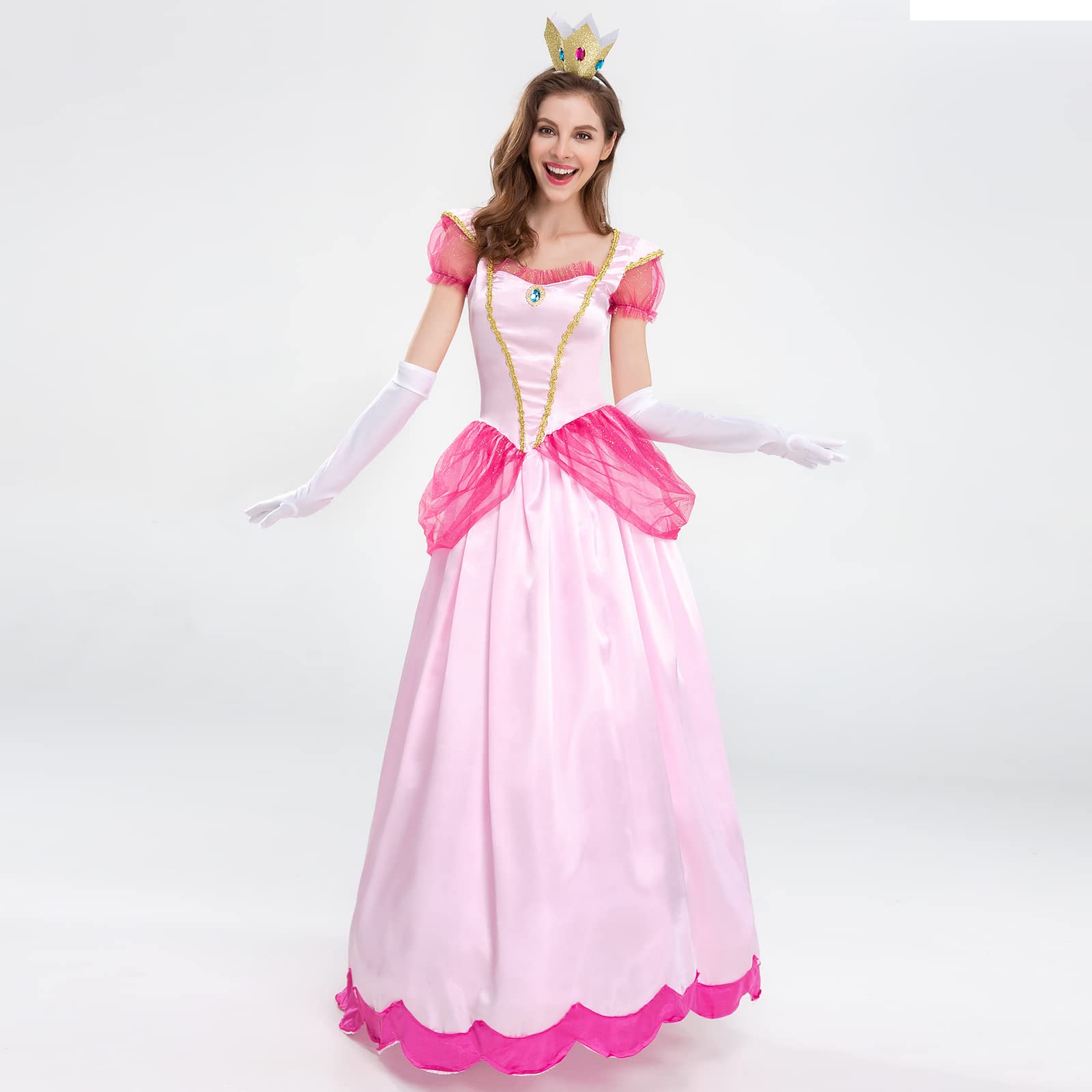 Womne's Princess Peach Costume with Crown and Gloves Halloween Birthday Party Dress up Fancy Costume Cosplay Outfit