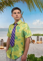 DAZCOS US Size Green Printed T-Shirt Purple Tie for Mens Hawaiian Floral Shirts Cosplay or Casual Holiday Beach Shirts