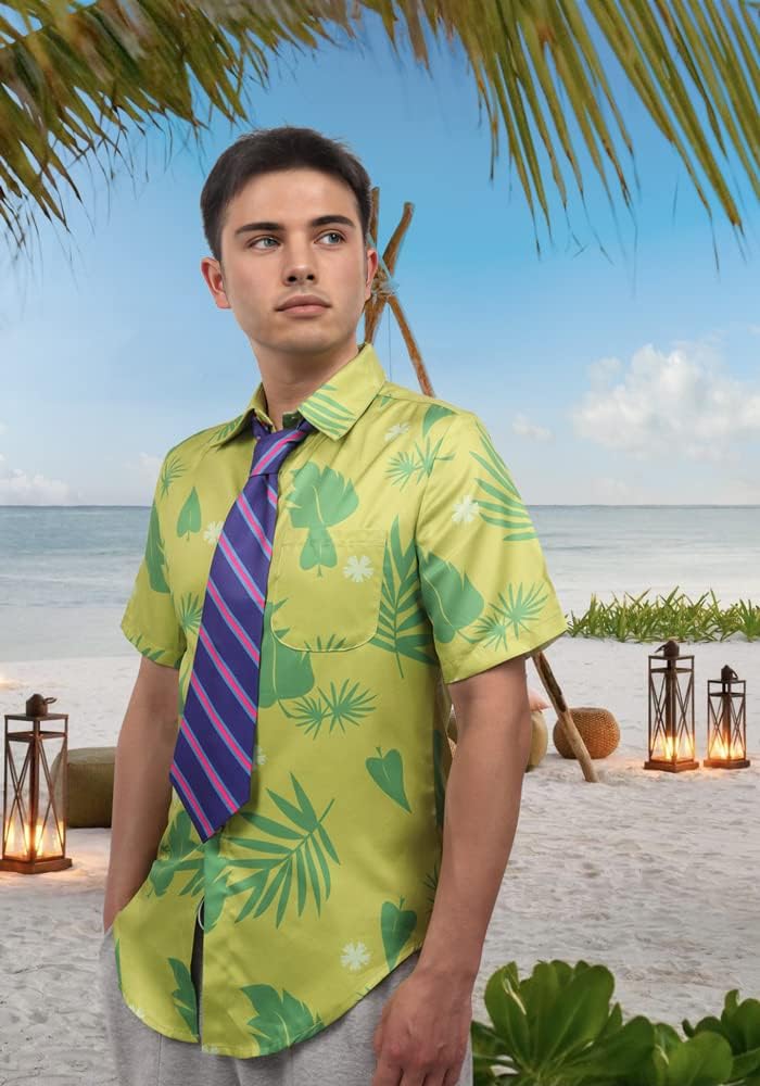 DAZCOS US Size Green Printed T-Shirt Purple Tie for Mens Hawaiian Floral Shirts Cosplay or Casual Holiday Beach Shirts