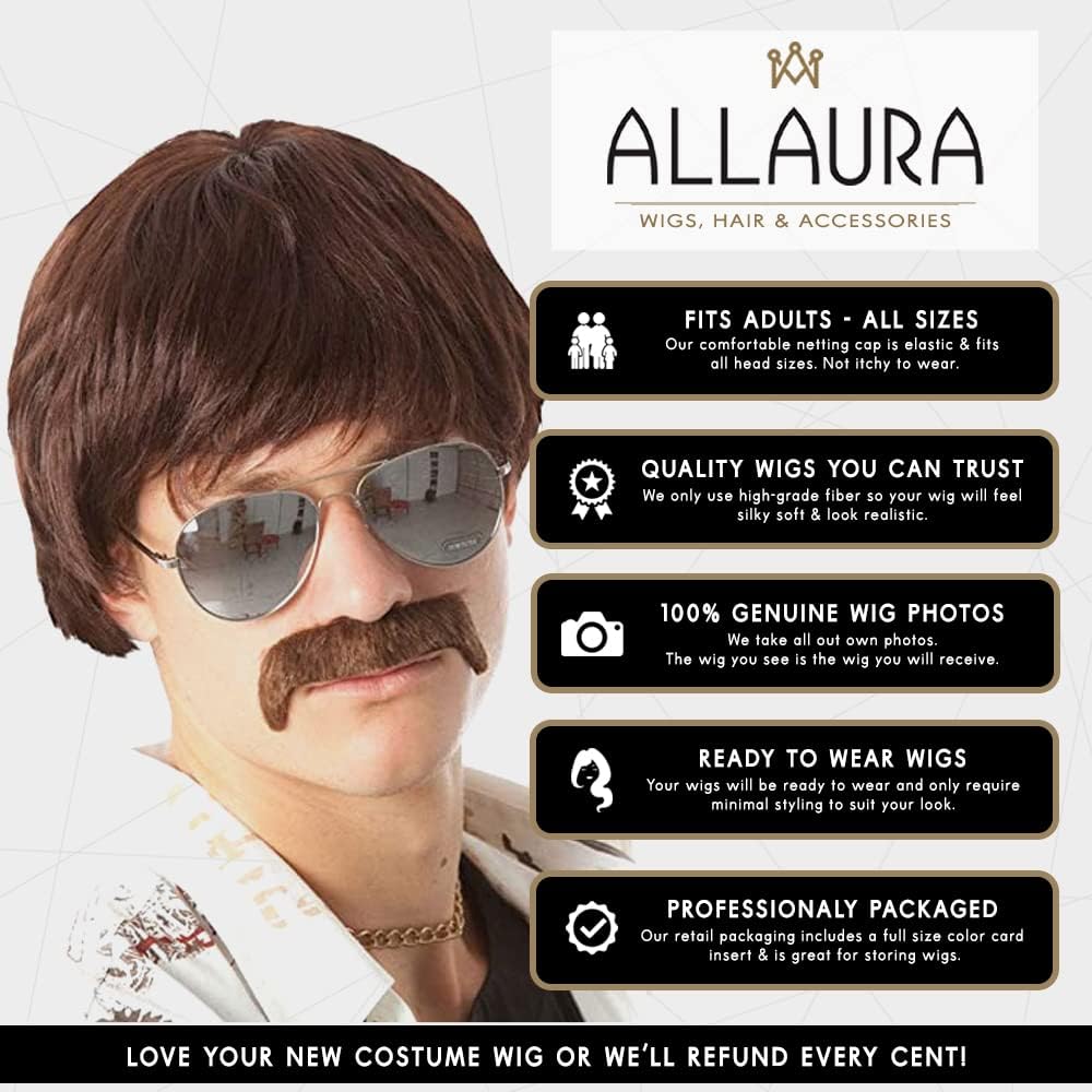 ALLAURA Compatible with Sonny Bono Wig – 60s 70s Men’s Short Brown Wig + Mustache for Hippie, Singer, TV Star, Cop, Detective Costumes – Liberty Duo, Limu & Doug, Uncle Rico, Retro Halloween Outfit