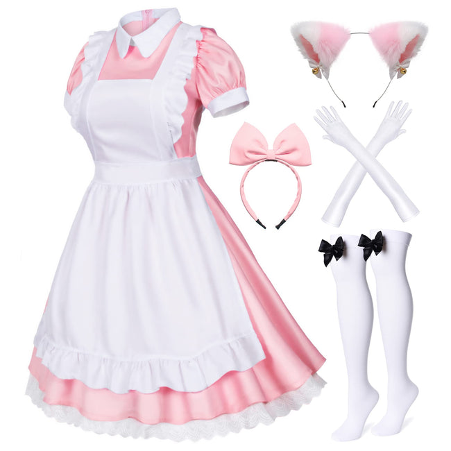 Wannsee Japanese Anime 6Pcs Lolita French Maid Apron Fancy Dress Cosplay Costume Gloves Headwear Socks set(Pink L) Hover Image