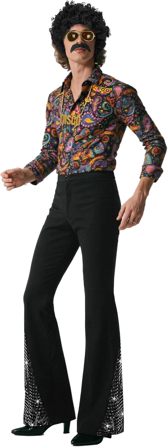 70s Outfits for Men 6 Pcs Disco Outfit Retro Costume with Bell Bottom Pants