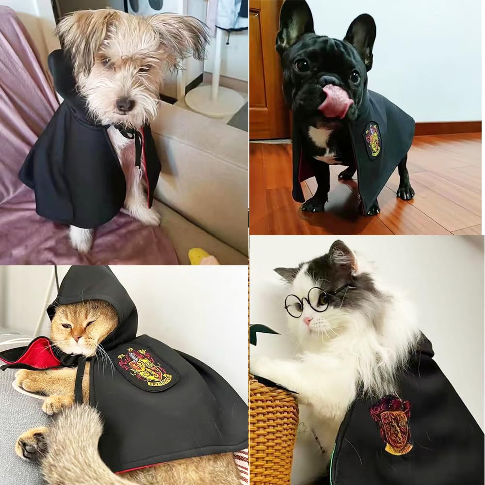 ANIAC 3PCS Halloween Dog Costume Cat Wizard Cape Glasses and Necktie Set Halloween Puppy Outfit Pet Academy Magician Cosplay Apparel for Kitten Cat Small Dogs (Black+Red, Small)