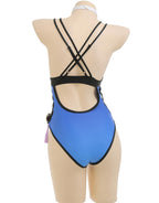 haikyuu Women Anime Cosplay One Piece Swimsuit with Kimono Cover Up Deep V Halter Tummy Control Bathing Suit Blue