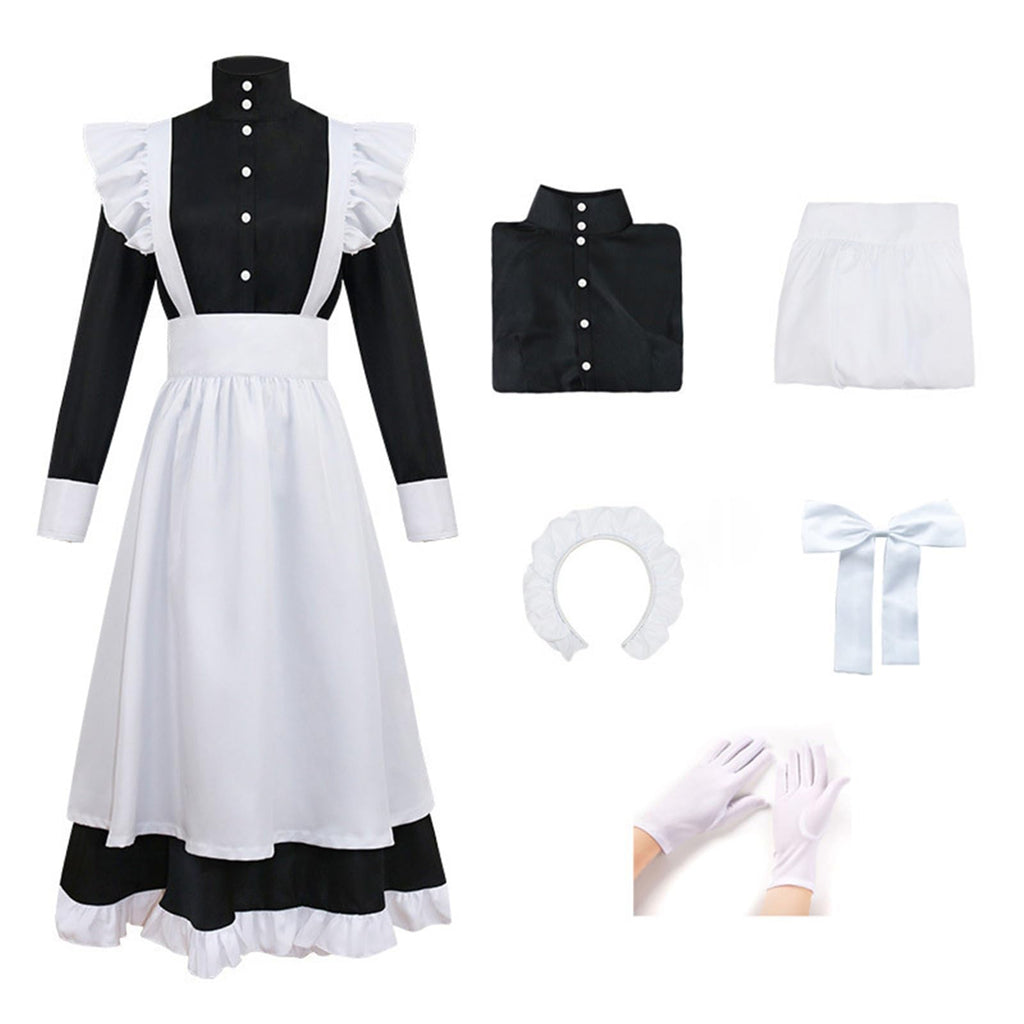 YJCOS Women's Classic Maid Long Dress Black and White Apron Lolita Housekeeper Cosplay Costume Uniform