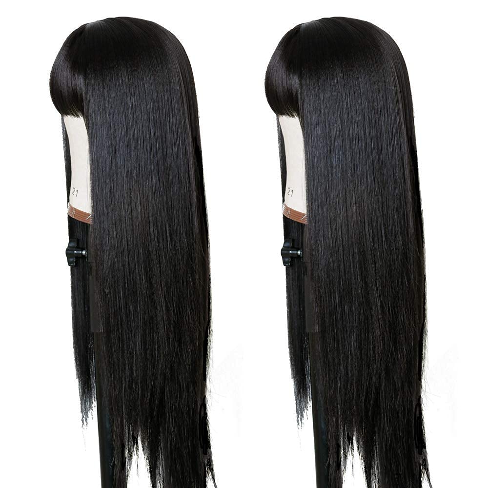 TIMANZO Long Straight Remy Hair Wigs Natural Black Heat Resistant Fiber Hair Full Machine Wig with Bangs Cosplay Party Wig For Fashion Women (24 Inch)