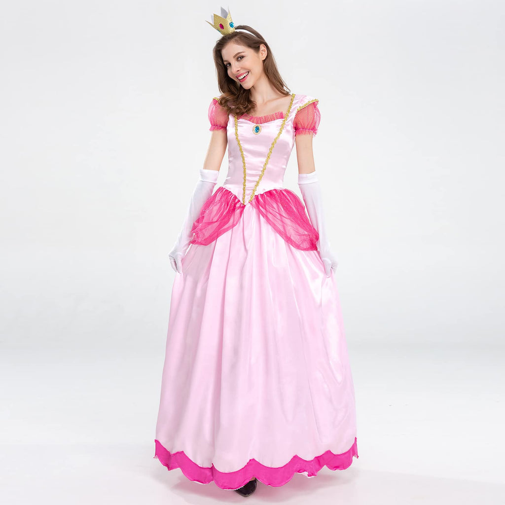 Womne's Princess Peach Costume with Crown and Gloves Halloween Birthday Party Dress up Fancy Costume Cosplay Outfit