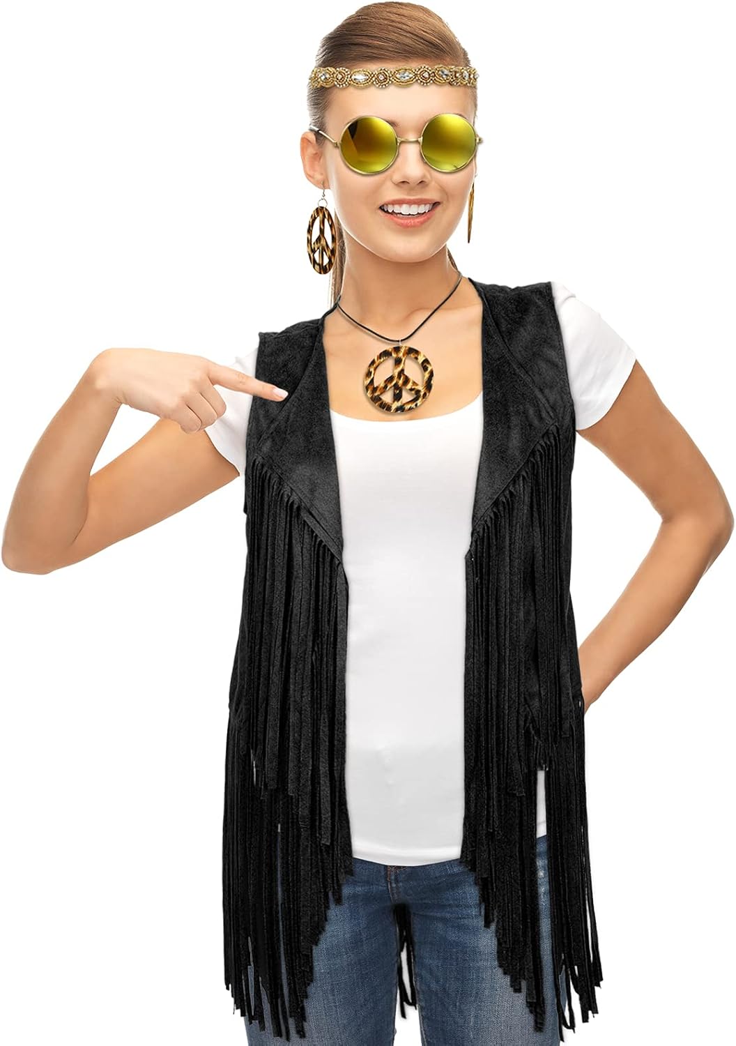 Frienda 6 Pcs 60s 70s Outfit for Women Hippie Halloween Costume Set Peace Sign Earring Headband Fringe Vest Tassel Cardigan