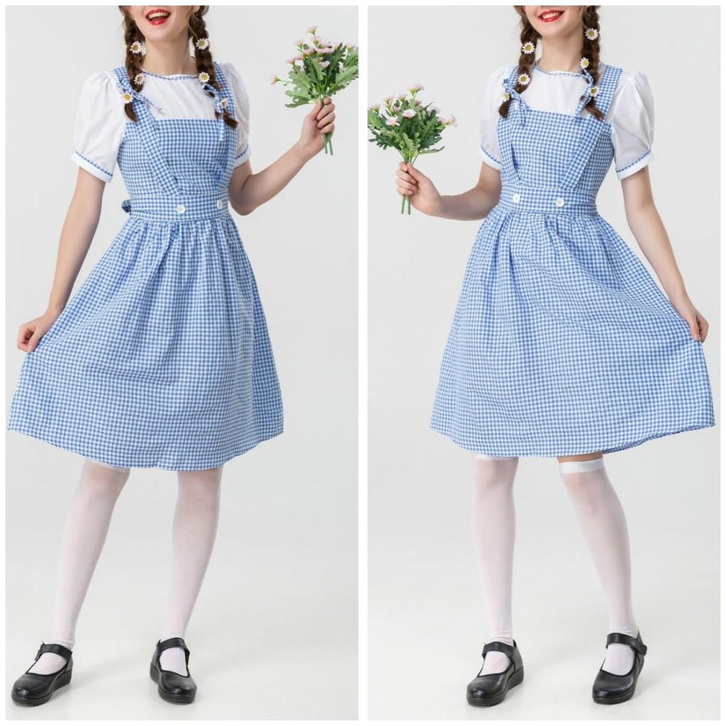 Women's Blue Gingham Costume, Storybook Character Dress Set for Halloween, Cosplay, and Themed Parties