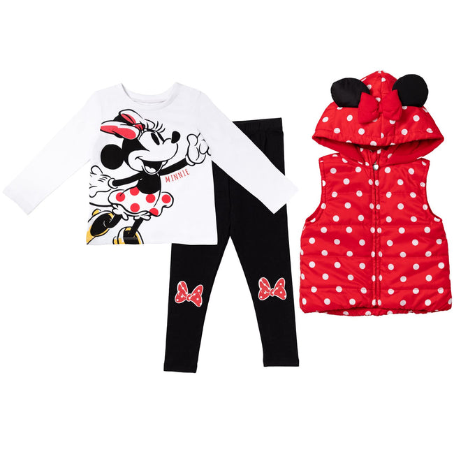 Disney Minnie Mouse Little Girls Vest Cosplay T-Shirt and Leggings 3 Piece Outfit Set 6 Hover Image