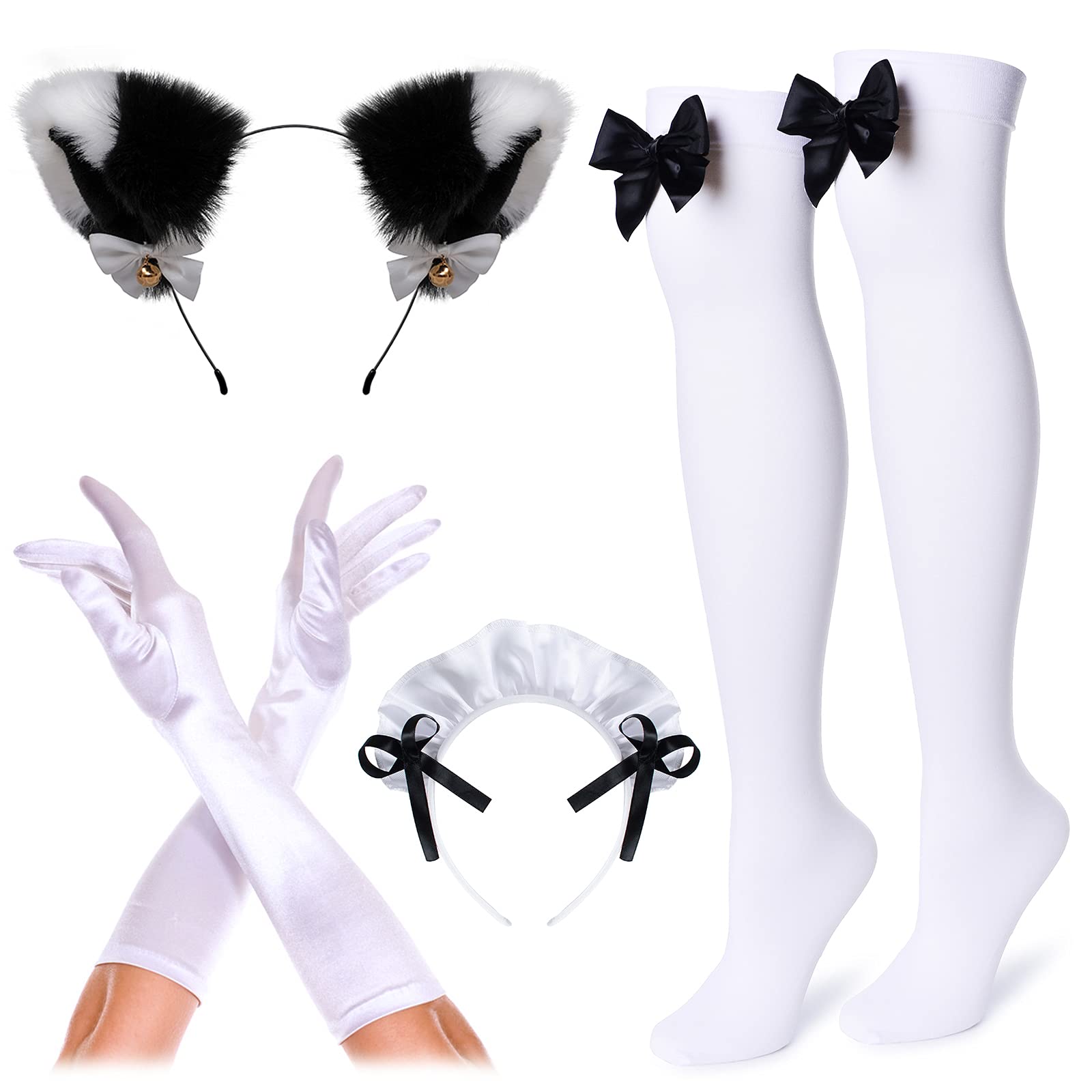 Irtysh Women Sweet Kawaii Costume Dress Anime French Maid Cosplay Furry Cat Ear Gloves Socks set(Black XL)