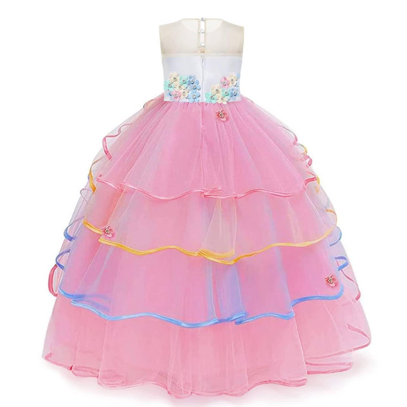 Chektin Unicorn Dress for Girls Unicorn Costume Pageant Princess Dress Party Birthday Long Gown with Accessories Pink 4-5T
