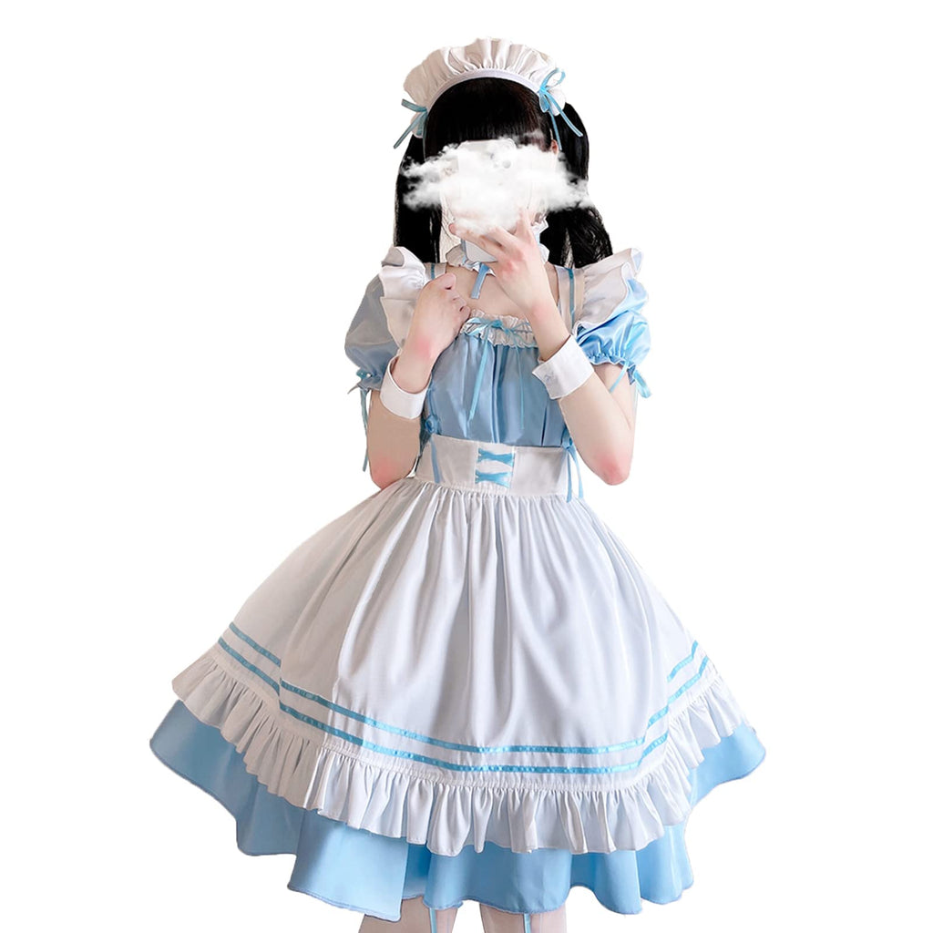LISANEK Maid Outfit Anime Cosplay Lolita Dress French Maid Costume Plush cat ear Socks set (Blue, XL)