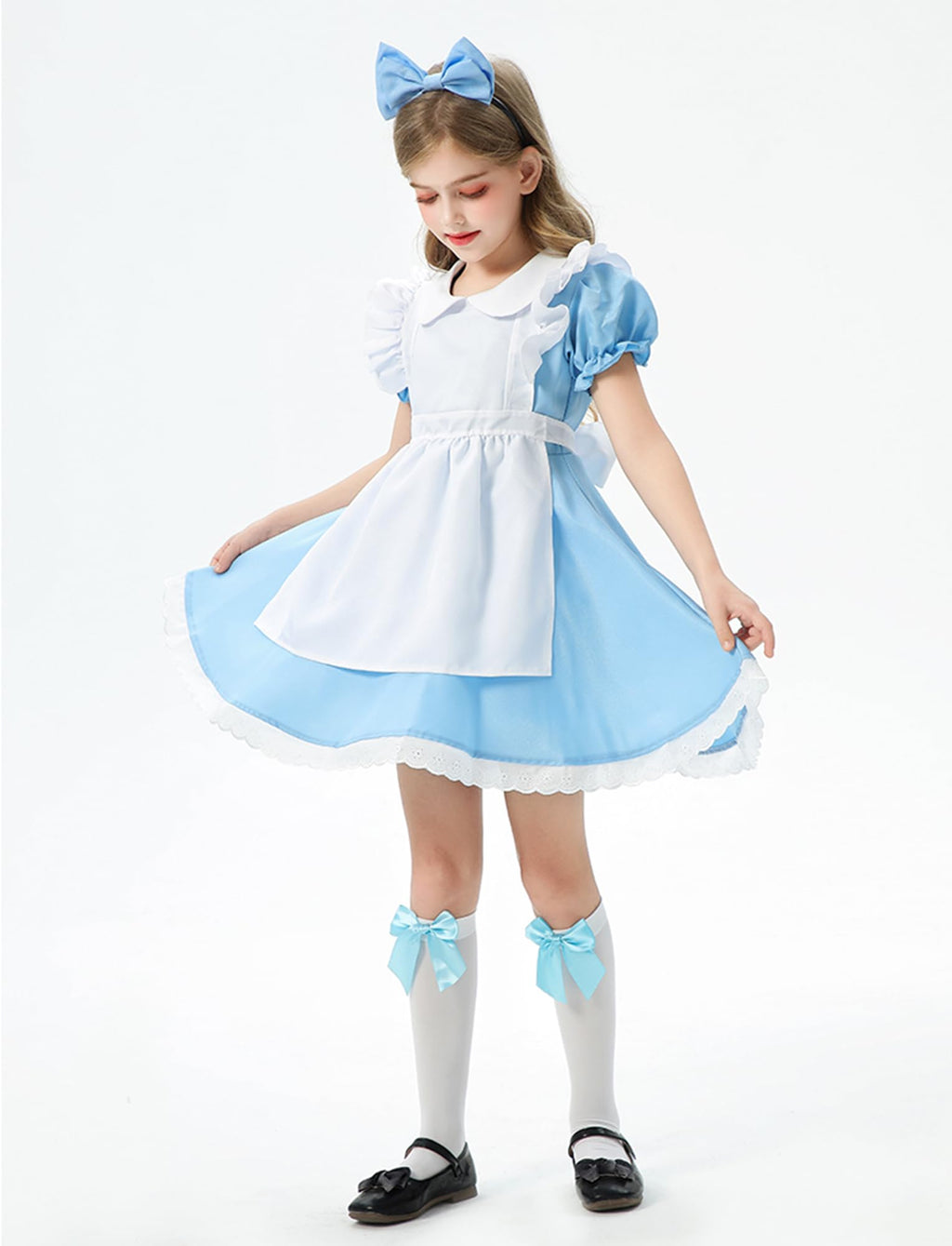 Maid Apron French Dress Set for Kid Girls Colonial Pioneer Dresses Halloween Blue White Pilgrim Maid Outfit with Headband 3Pcs