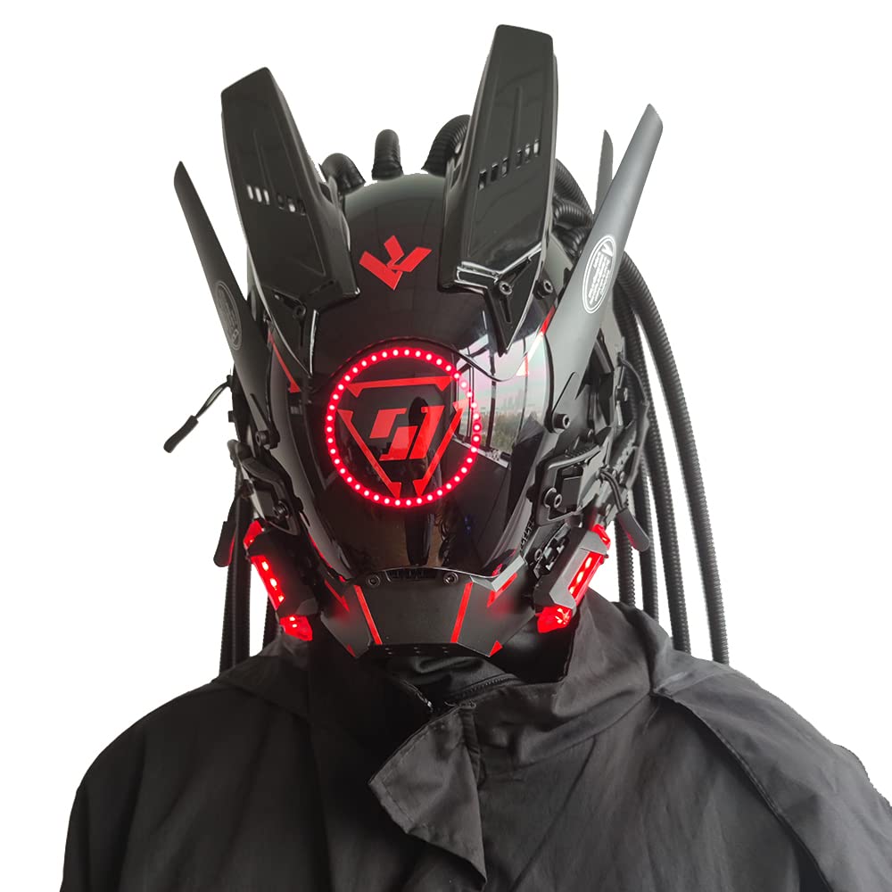 KYEDAY Punk Mask Cosplay for Men, Round Light with Braids Mask Cosplay Halloween Fit Party Music Festival Accessories, Red, Large